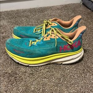 Hoka Teal and Yellow Running Shoes